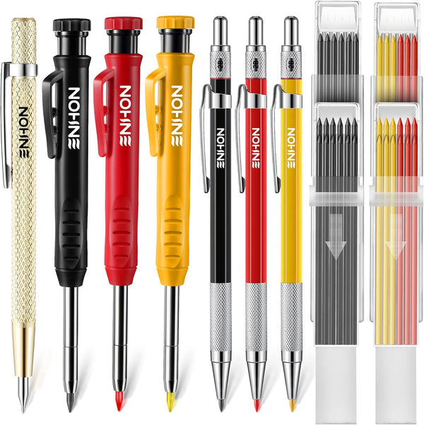 Enhon Mechanical Carpenter Pencils Set with Marker Refills, Carbide Scriber Tool, Built-in Sharpener for Woodworking