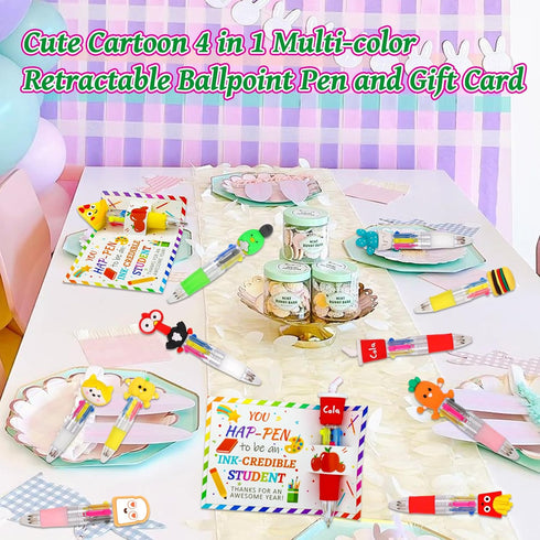 CZWZ 30 Set 4-in-1 30 Cute Multicolor Pens in One Fun Pens Bulk with Gift Cards for Kindergarten Party End of Year