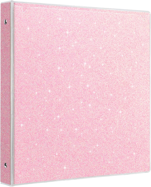 Light Pink 1 Inch Glitter Binders, 3 Ring Fashion View Binder with 2 Pockets, Waterproof for Office Supply
