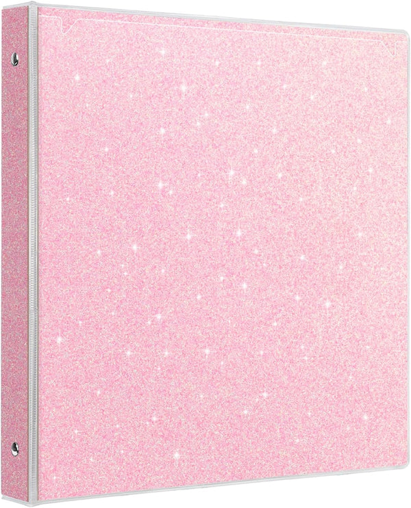Light Pink 1 Inch Glitter Binders, 3 Ring Fashion View Binder with 2 Pockets, Waterproof for Office Supply