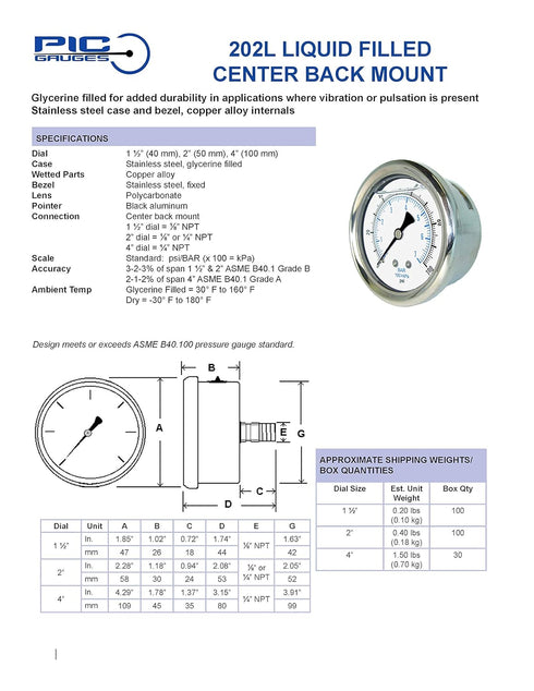 PIC Gauges 202L-204E Center Back Mount Glycerine Filled Pressure Gauge, 2" Dial, 0/100 psi Range