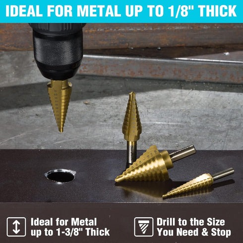 DURATECH 6-Piece Step Drill Bit Set with Automatic Center Punch, 50 Sizes in High Speed Steel, Titanium Coated, Storage
