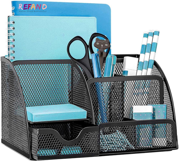 Mesh Desk Organizer, Multi-Functional Caddy with 6 Compartments and 1 Drawer for Office, Home, School