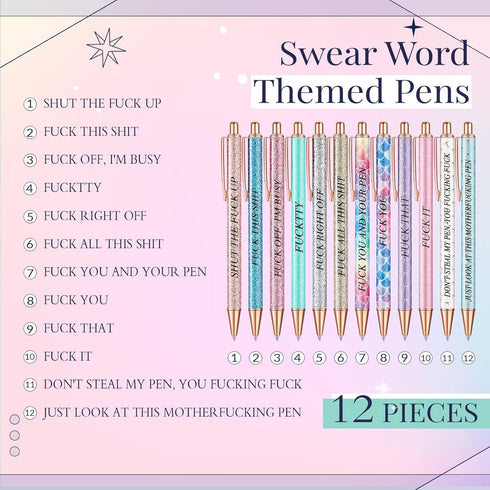 Glenmal 12 Pieces Glitter Swear Word Ballpoint Pens Funny Negative Pens for Adults Novelty Sarcastic Sayings Insulting Office Pens for Co Worker Colleague Office Supplies(Snarky) by Glenmal