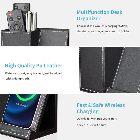 KINGFOM PU Leather Desk Organizer - Wireless Charging Station for iPhone, 10W Charger for iPhone 14/13/Samsung Galaxy,