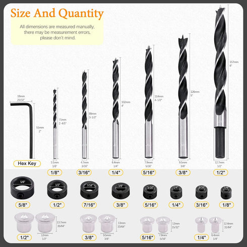 23 Pcs Wood Drill Bit Set with Dowel Pins, Center Point and Stopper for Woodworking Carpentry
