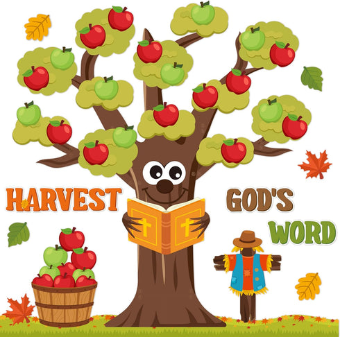 BeYumi Fall Harvest Bulletin Board Set, 94Pcs Christian Thanksgiving Apple Tree Cross Cutouts for Sunday School Decor