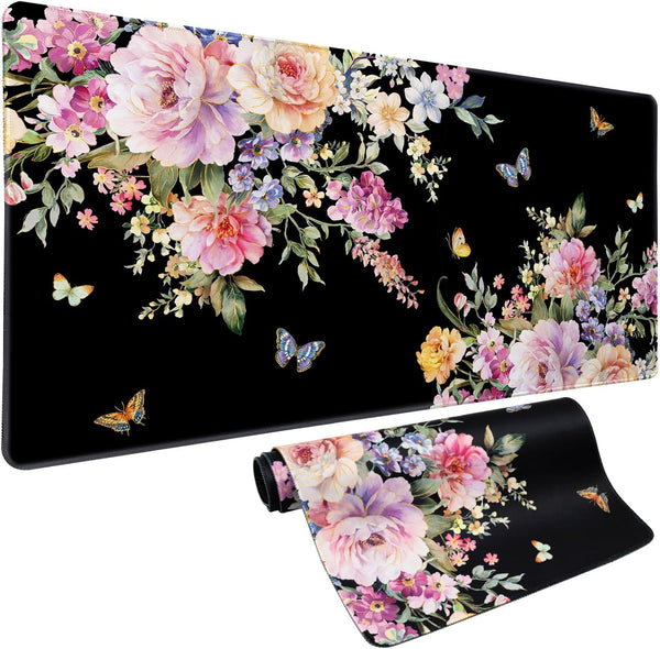 Vimorco Pink Floral Butterfly Flower Desk Mat Mouse Pad, XXL Extended Gaming Mousepad for Women, 31.2x15.6 in