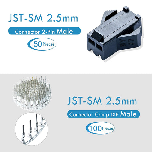 JST SM Connector 2.5 mm Pitch 2-Pin Male Plugs, Female Sockets, 50 Sets/300 Pieces T-Shaped Crimp Terminal Adapter.