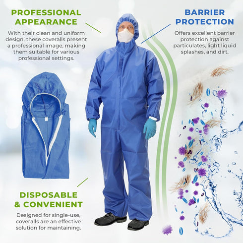 Pack 5, 50 AMZ Medical Supply Disposable Coveralls with Hood, Medium, Blue, of GSM SMS Fabric, Front Zipper, Elastic