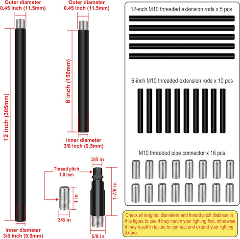 M10 5 12-inch 10 6-inch 180 Threaded Extension Poles, PCS & PCS Lighting Fixture Downrods Stems & Degrees Sloped