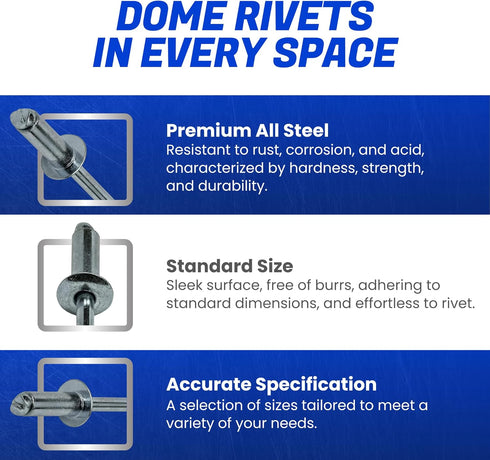 Pop Rivets - 1/8" x 1/4" (100 pcs) Heavy Duty, Open-End, Low Carbon Steel Dome-Head Blind Rivets