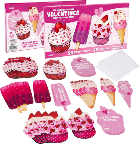 Kangaroo Strawberry & Cherry Scented Valentines Day Cards with Envelope - Scratch & Sniff for Kids, Pack of 28