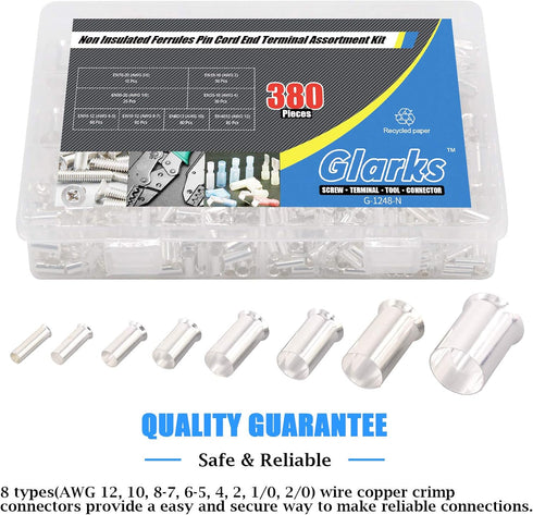 Glarks 380Pcs Wire Ferrules Kit, 8 Sizes AWG 12 10 8 6 4 2 1 2/0, Silver Plated Copper Crimp Connector Assortment
