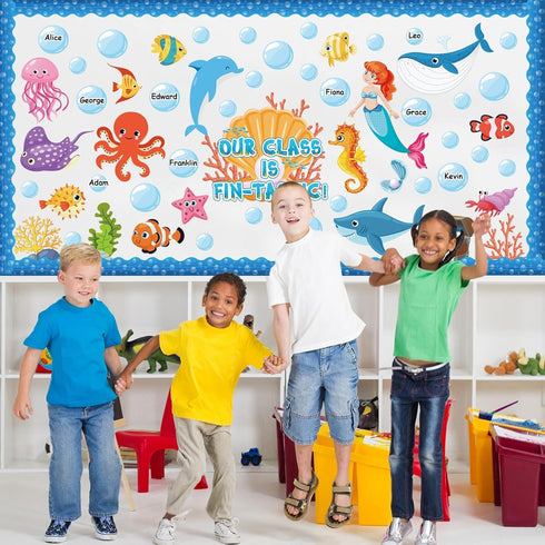 gisgfim Under The Sea Bulletin Board Decoration Set with Sea Animals Cutouts and Borders for Ocean Theme Classroom Decor
