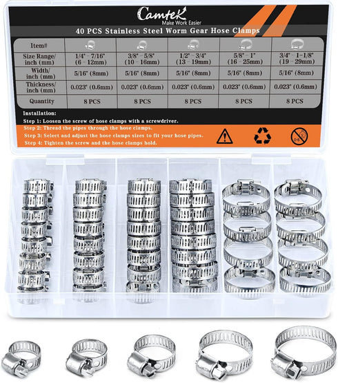 40PCS Hose Clamps Assortment Kit, Camtek Stainless Steel Adjustable 6-29mm Range Worm Gear Clamp for Plumbing