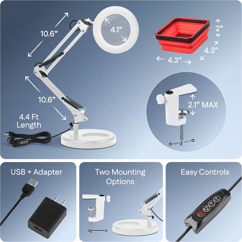 PURAMADOR 10X 5 2 Magnifying Lamp - Desk Magnifying Glass with Light, Lighted Magnifying Glass with Stand, White
