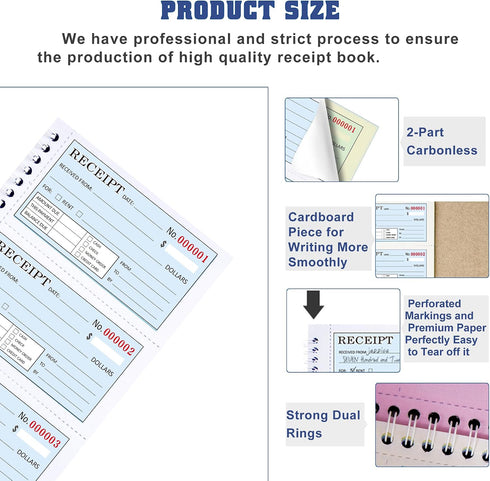 Zzrywuty Insert,2-Part Carbonless,5.3x11.2 Bound,200 Sets Book,4 Two Books Money and Rent Receipt Book with Cardboard
