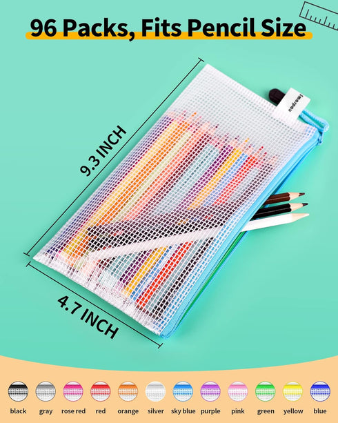 Smarpau 96 Pack Small Mesh Zipper Pouches, 12 Colors 9.3" x 4.7", Clear Waterproof Pencil Case for Office Travel
