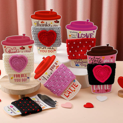 Zhehao 6 Set Valentine's Day Teacher Gift Crochet Coffee Cup Sleeve with Thanks A Latte Coffee Card Galentine's Day