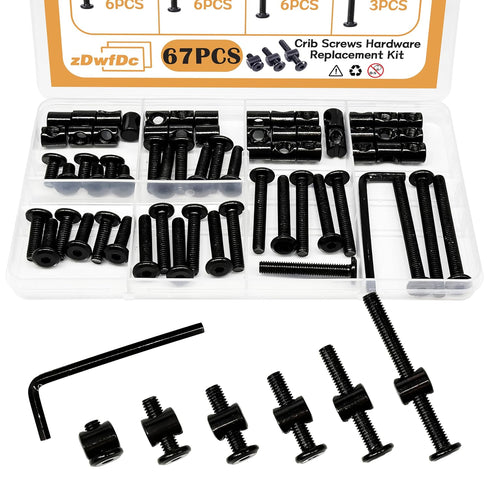 zDwfDc 67PCS M6 Crib Hardware Replacement Kit 6Sizes Bed Frame Bolts and Nuts