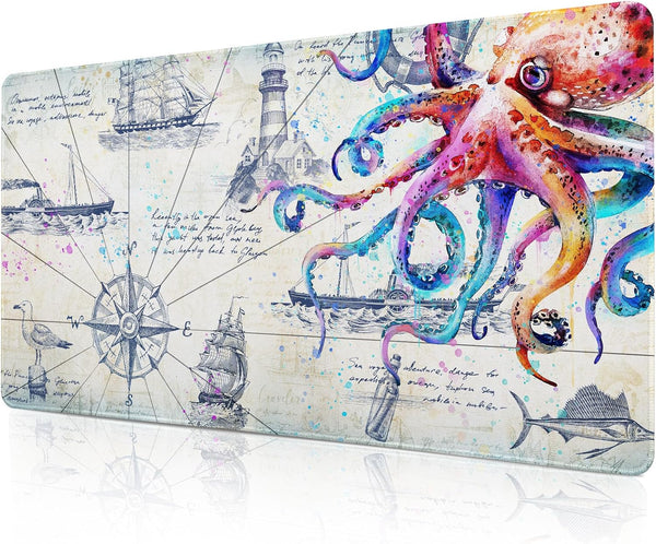 Large Gaming Mouse Pad, Grey Desk Mat for Desktop, Non-Slip Octopus Design, 31.5" x 15.7", Cool Computer Desk Pad