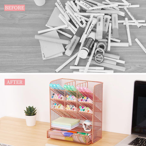 Spacrea Pen Holder Desk Organizer - Desk Organizers and Accessories, Pencil Holder with 10 Compartments and 1 Drawer(Rose Gold) by Spacrea