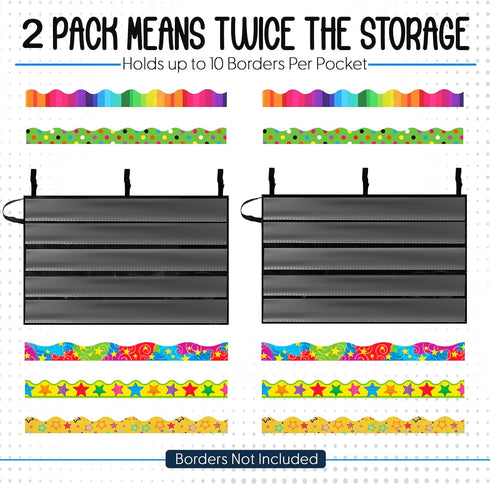 Pack of 2 Bulletin Board Border Storage - Black, 37.5" x 23.8" Pocket Charts for Easy Organization, Portable Box