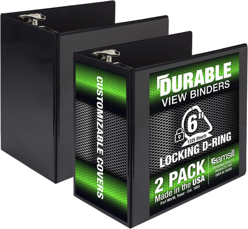 Samsill Durable 6 Inch Binder, Locking D Ring Customizable Clear View Binder, Black, 2 Pack, Holds 1225 Pages