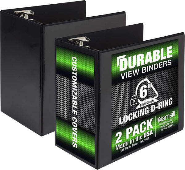 Samsill Durable 6 Inch Binder, Locking D Ring Customizable Clear View Binder, Black, 2 Pack, Holds 1225 Pages