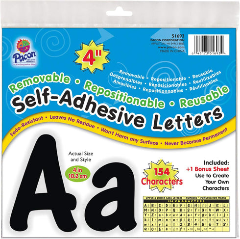 PACON 4" Self-Adhesive Uppercase and Lowercase Letters, 154-Count, Black (51693)