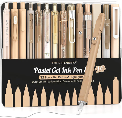 Four Candies 14Pack Pastel Gel Ink Pen Set, 0.5mm Fine Point Retractable Pens, 12 Black Ink Pens, 2 Highlighters (Brown)