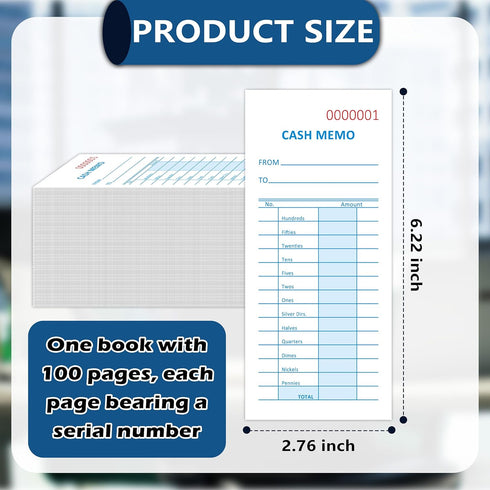 GLDTPOZK 10 Pack 1000 2.75 6.25 Inch Counting (10) Sheets Cash Memo Pad x Cash Memo Slips Petty Cash Receipt Book Coin
