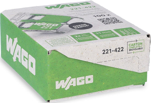 221-422 WAGO Splicing Connector Green Range, 2-Conductor with levers for Solid, Stranded and fine-Stranded Conductors