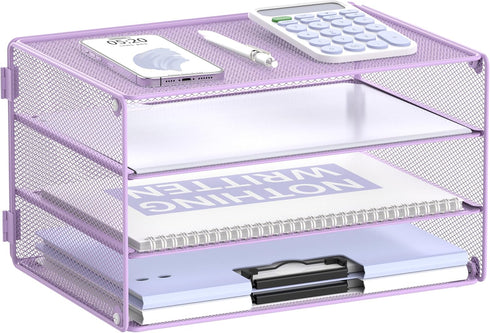 DALTACK 3 Tier Mesh Metal Letter Tray Paper Organizer for Home & Office, Light Purple