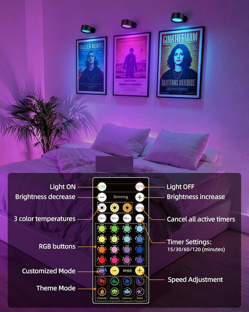2 Pack 3 360 Dimmable Wall Mounted Lights, Rechargeable RGB Color Changing Light, Color Temps & Remote and Touch