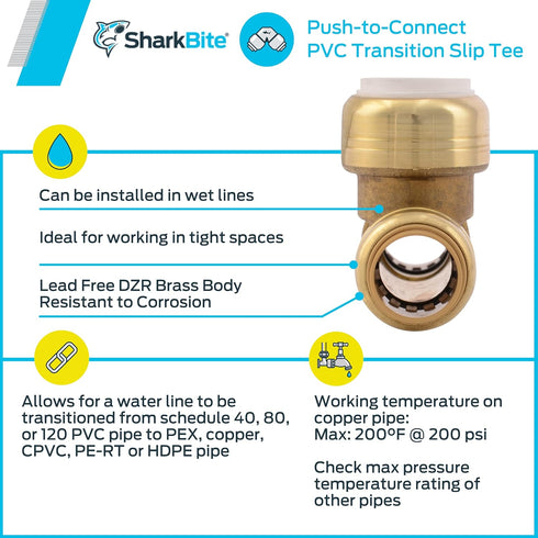 SharkBite 1/2 Inch CTS x 1/2 Inch CTS x 1/2 Inch PVC Slip Tee, Push To Connect Brass Plumbing Fitting