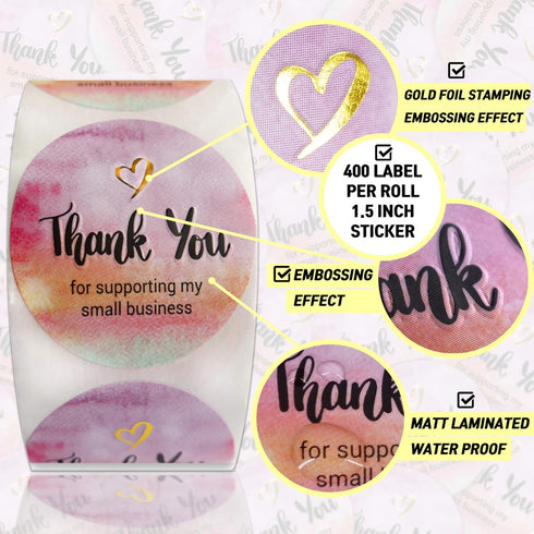 Thank You Stickers for Small Business – Watercolor Gold Foil Design – 1.5" Round, 400 Waterproof Labels/Roll – Modern