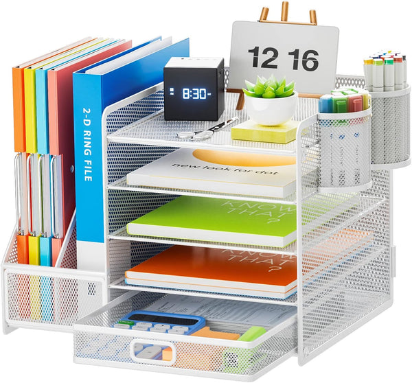 Marbrasse Desk Organizer with File Holder, 5-Tier Paper Letter Tray Organizer with Drawer, White Mesh Desktop Storage
