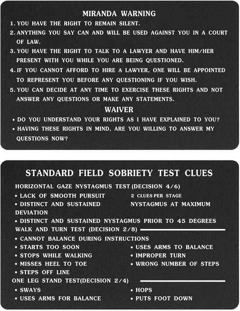 Miranda Warning Card, Metal Miranda Rights Card, Engraved Standard Field Sobriety Test Clues Card for Law Enforcement