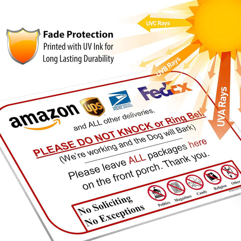 Leave Package Sign - Do Not Knock or Ring Doorbell, Dog Will Bark, 6" x 9", Waterproof PVC
