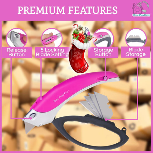 Pack 5 Pink Box Cutter Retractable Utility Knife - Two Heavy Duty Cardboard Carton Cutter Opener Retracting