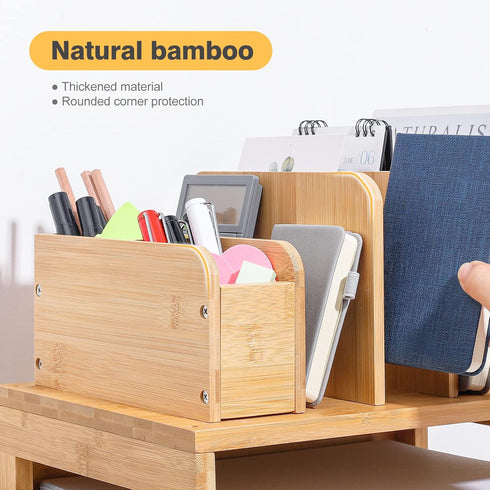 Homde Bamboo Desk Organizer with 3-Tier File Holder, Adjustable Pen Holder, Natural Desktop Storage for Office Home