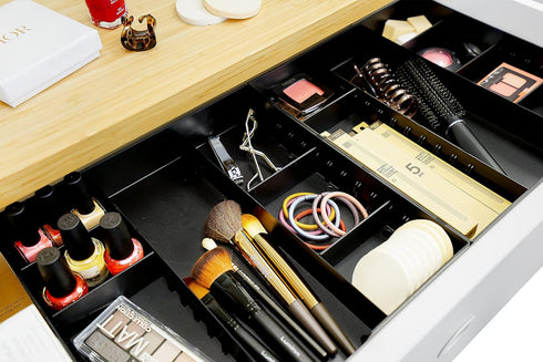CAXXA 3 Slot Drawer Organizer - 7 Compartments Junk Drawer Storage for Makeup, Office Supplies, BLACK (2 pack)