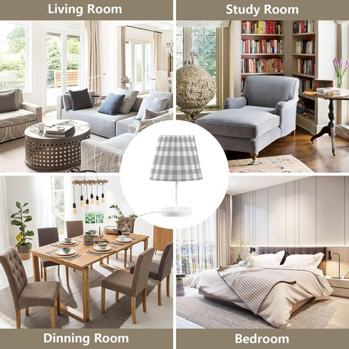 Lotupokon Dimmable Bulb Grey Buffalo Plaid Check Table Lamp for Bedroom USB Outlet Desk Lamp with Fabric Shade Bedside