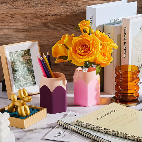 Zonon 2 Pieces Cute Pencil Shaped Pen Holders, Colorful Vase Pencil Pot, Cartoon Desktop Decor, Pink, Purple