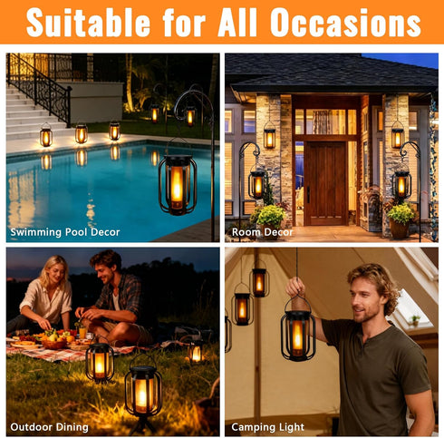 2 Pack 4 (New) Solar Lanterns Lights, Solar Lights Outdoor with Flickering Flame, Modes Waterproof Hanging Lantern