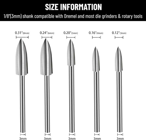 Wood Carving Tools, 5 PCS HSS Engraving Drill Bit Set for Woodworking with 1/8” Shank