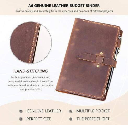 Leather Binder Budget with Cash Envelopes, Handmade A6 Money Saving Planner, Brown