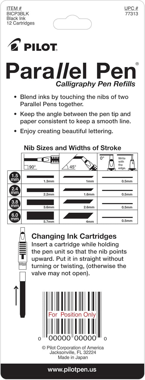 Pilot Parallel Mixable Color Ink Refills, Black Ink, 12-Pack for Calligraphy Pens (77313)